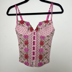 Vintage Corset Pink Mesh Floral Polka Dot Embroidered Coquette Fairy Grunge Y2K
